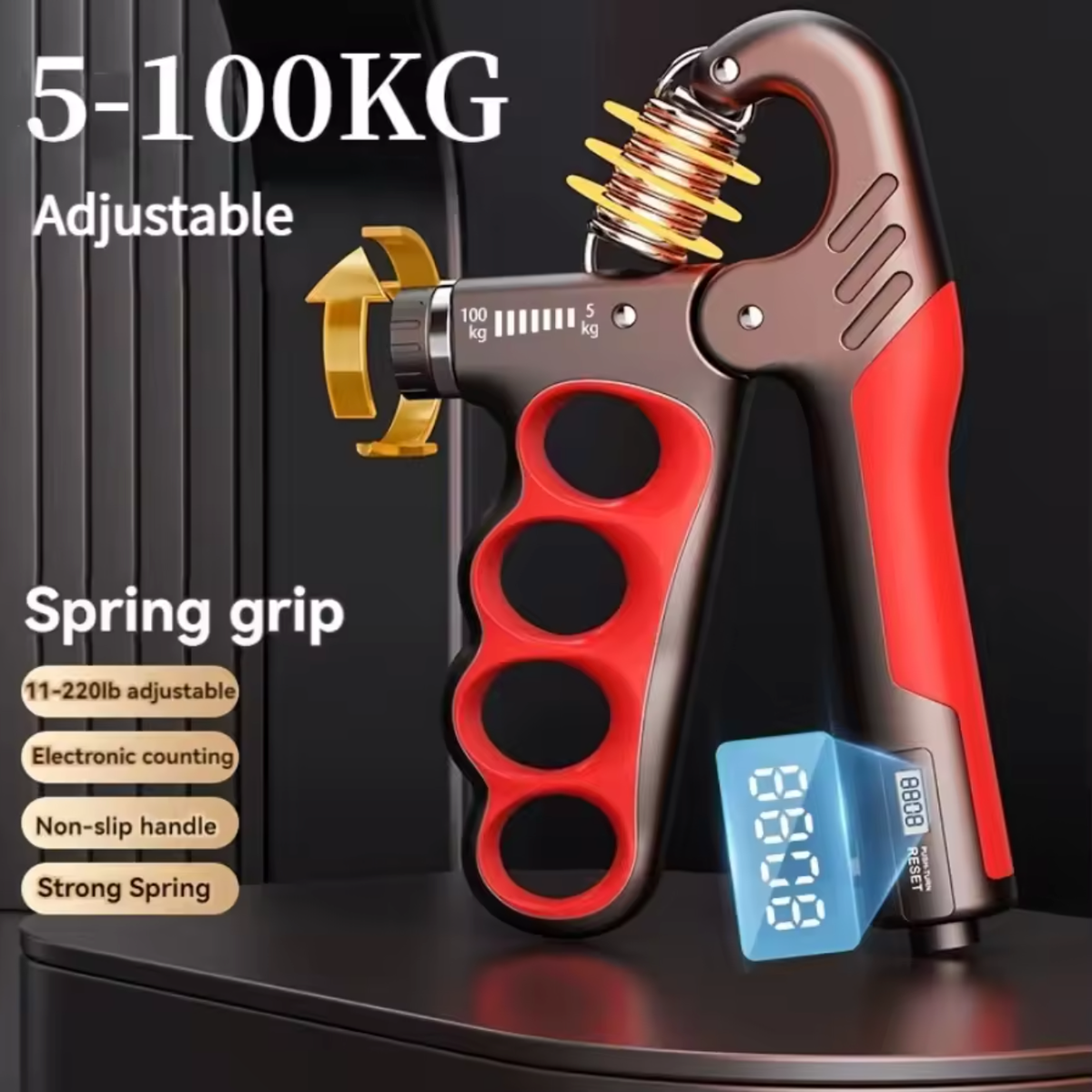 Adjustable spring hand grip strengthener with a digital display showing 88.8 kg, set against a dark background with promotional text overlays.