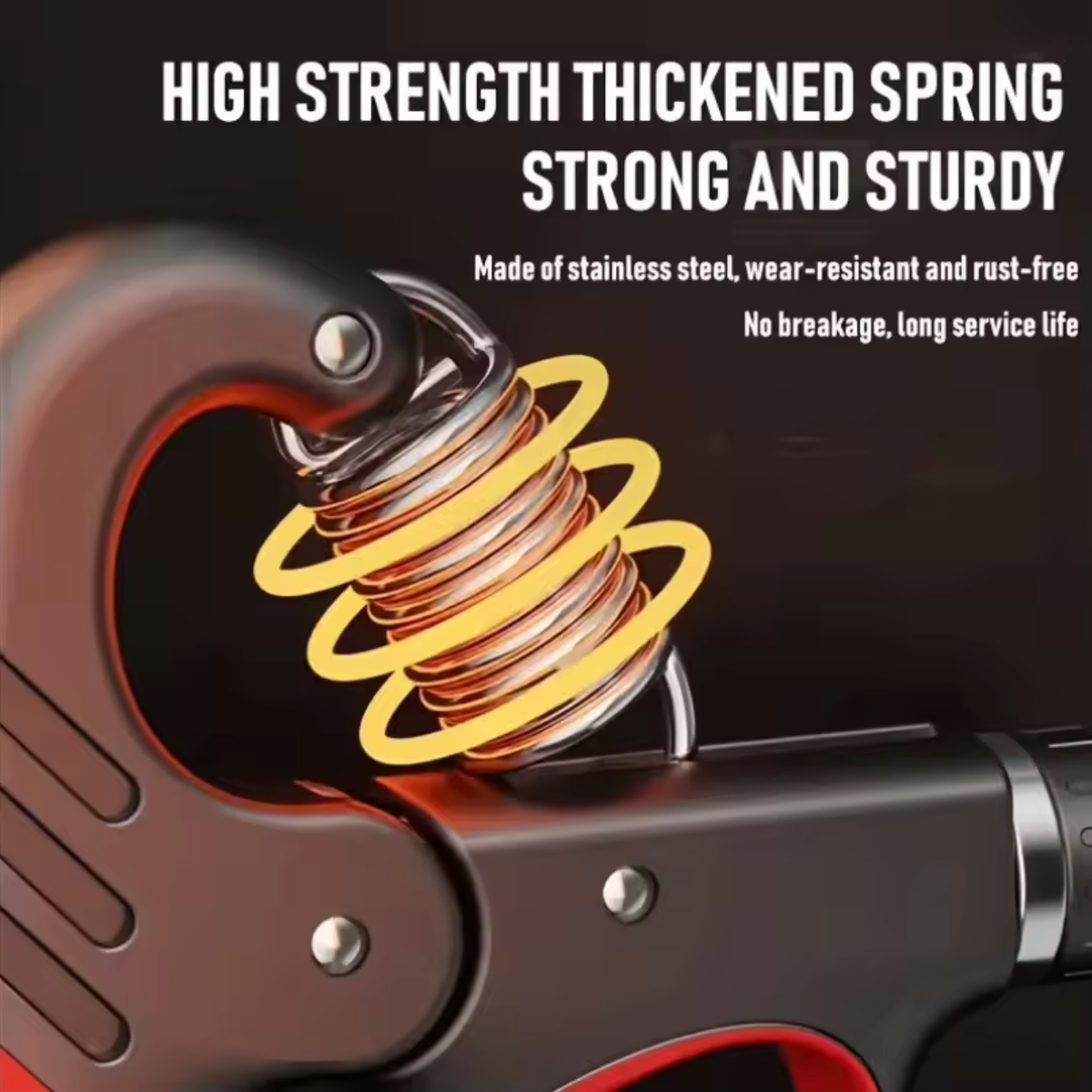 Close-up of a thick coil spring highlighted with glowing yellow graphic rings and marketing text reading 'HIGH STRENGTH THICKENED SPRING STRONG AND STURDY' on a dark background.