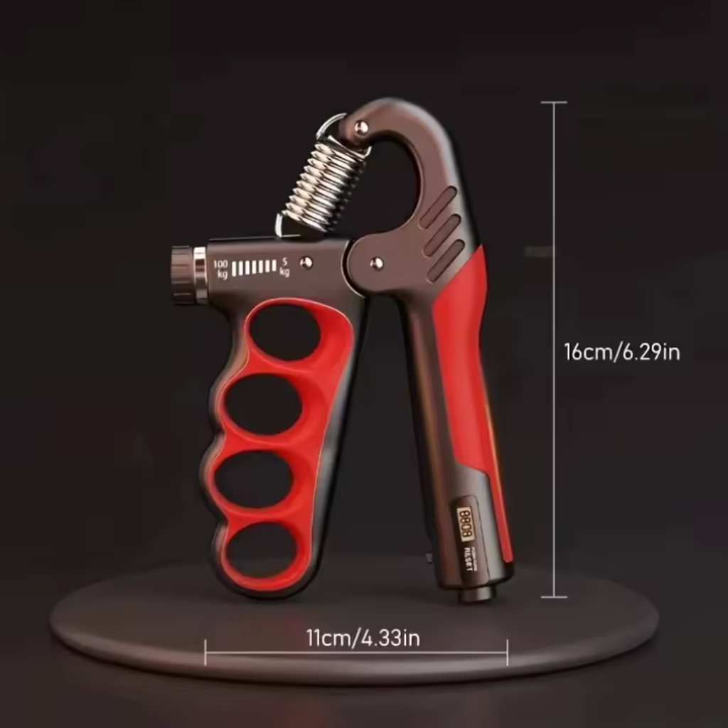 A hand grip strengthener with a knuckle guard, shown on a dark background with dimension lines indicating a height of 16cm (6.29in) and a base width of 11cm (4.