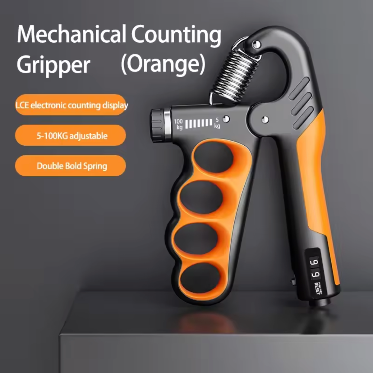 An orange and black mechanical counting hand grip with a spring-loaded handle, shown on a dark gray background with promotional text on the left.