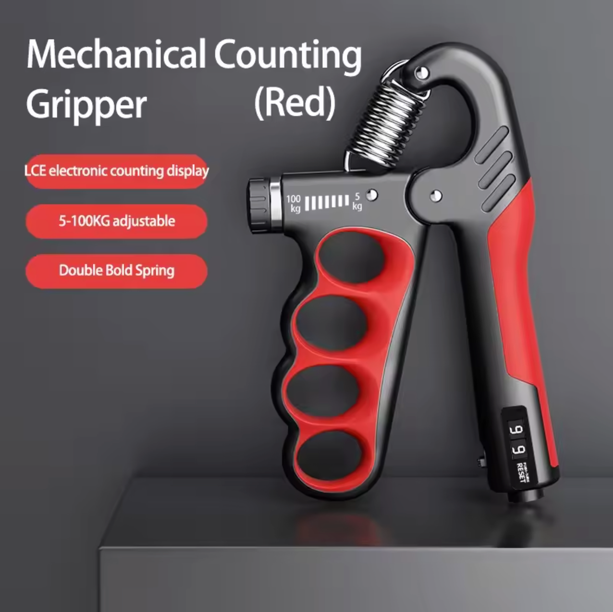 A red and black mechanical counting hand grip with a spring-loaded open mechanism, shown standing upright on a dark surface against a dark gray background. White and red text on the left reads 'Mechanical Counting Gripper (Red)' with feature callouts including 'LCE electronic counting display,' '5-100KG adjustable,' and 'Double Bold Spring. - RED VARIANT