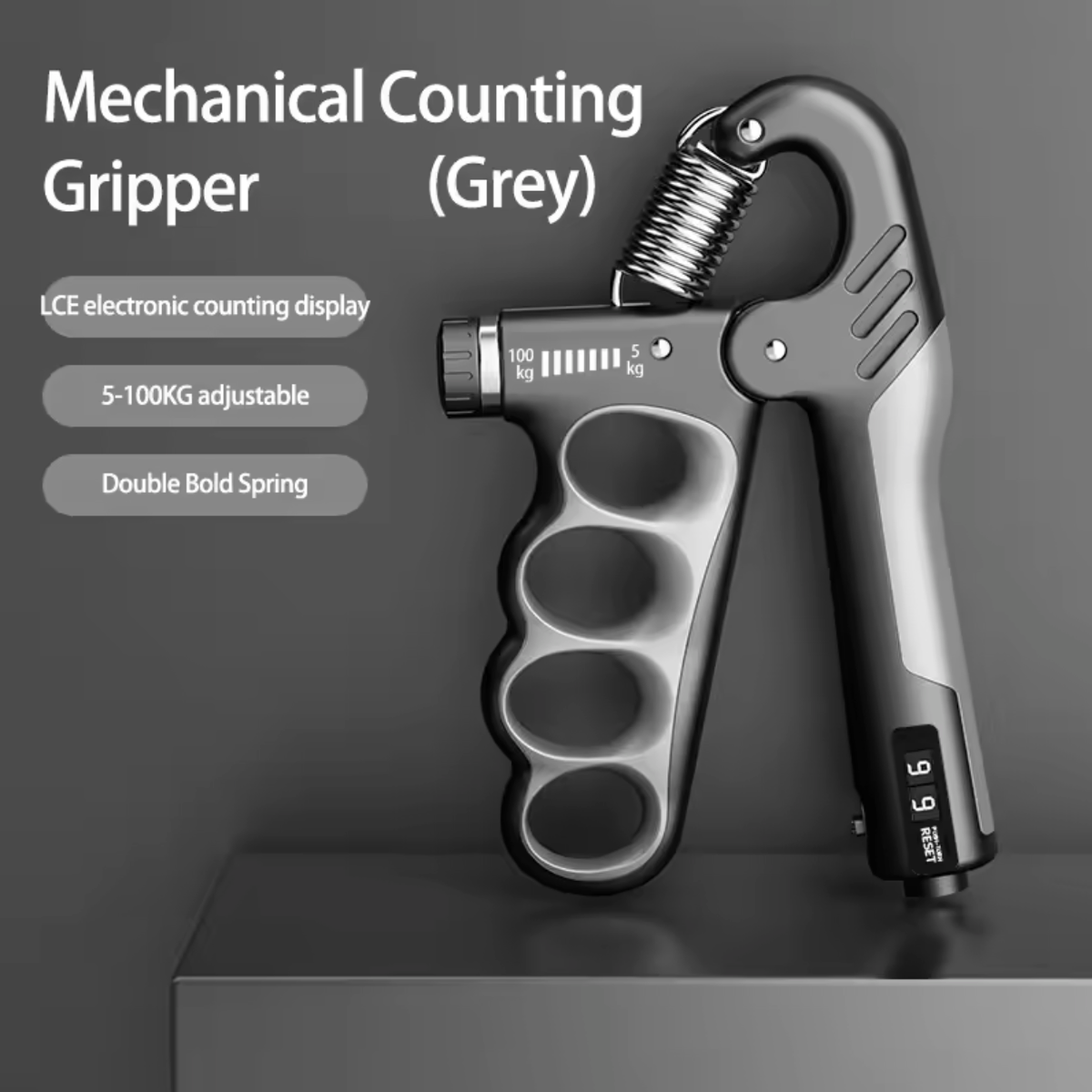 Mechanical counting gripper with electronic display on a dark background - GREY VARIANT